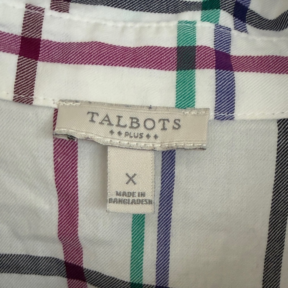 Talbots White Plaid Button-Down Shirt with Teal, Burgundy and Black Stripes - Picture 2 of 10